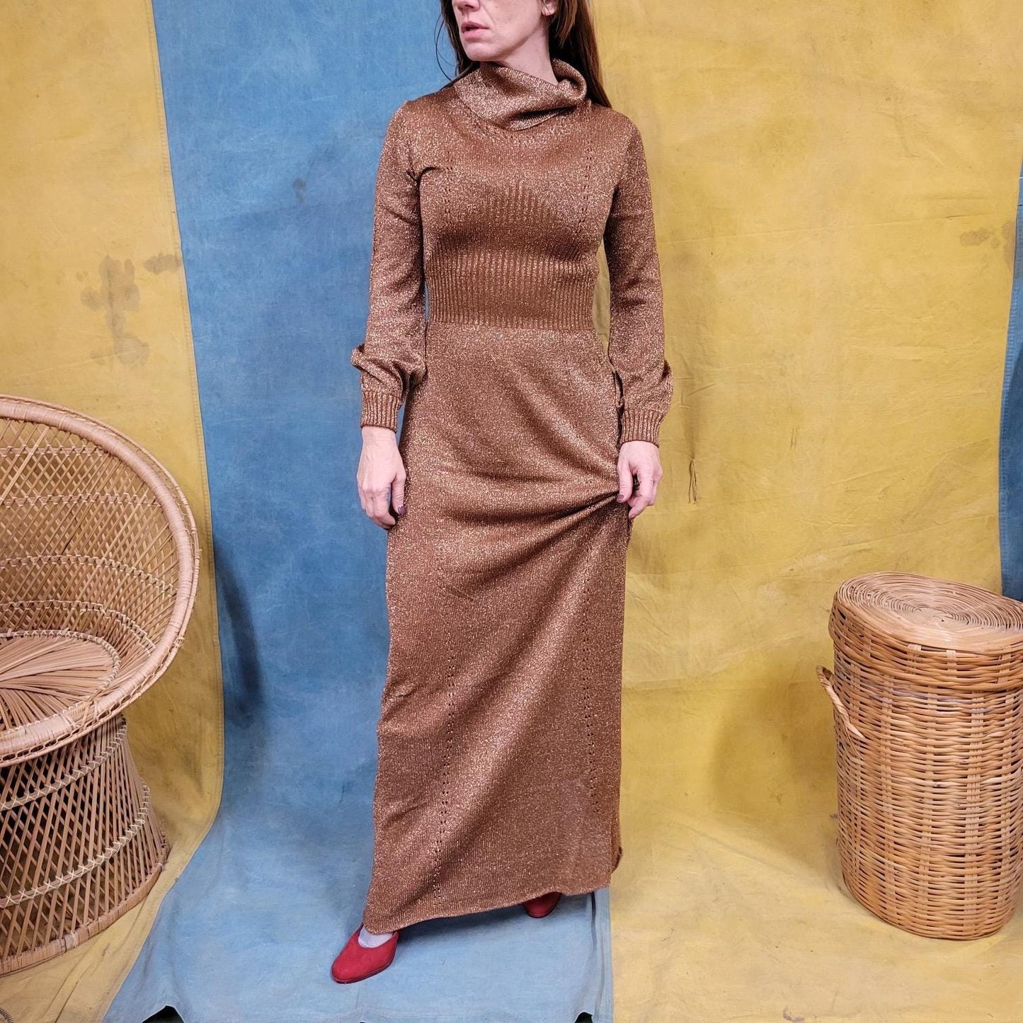 vtg 70s GOLD LUREX DRESS // vintage womens medium metallic knit sparkly glitter cowl neck roncelli style full length autumn cocktail party