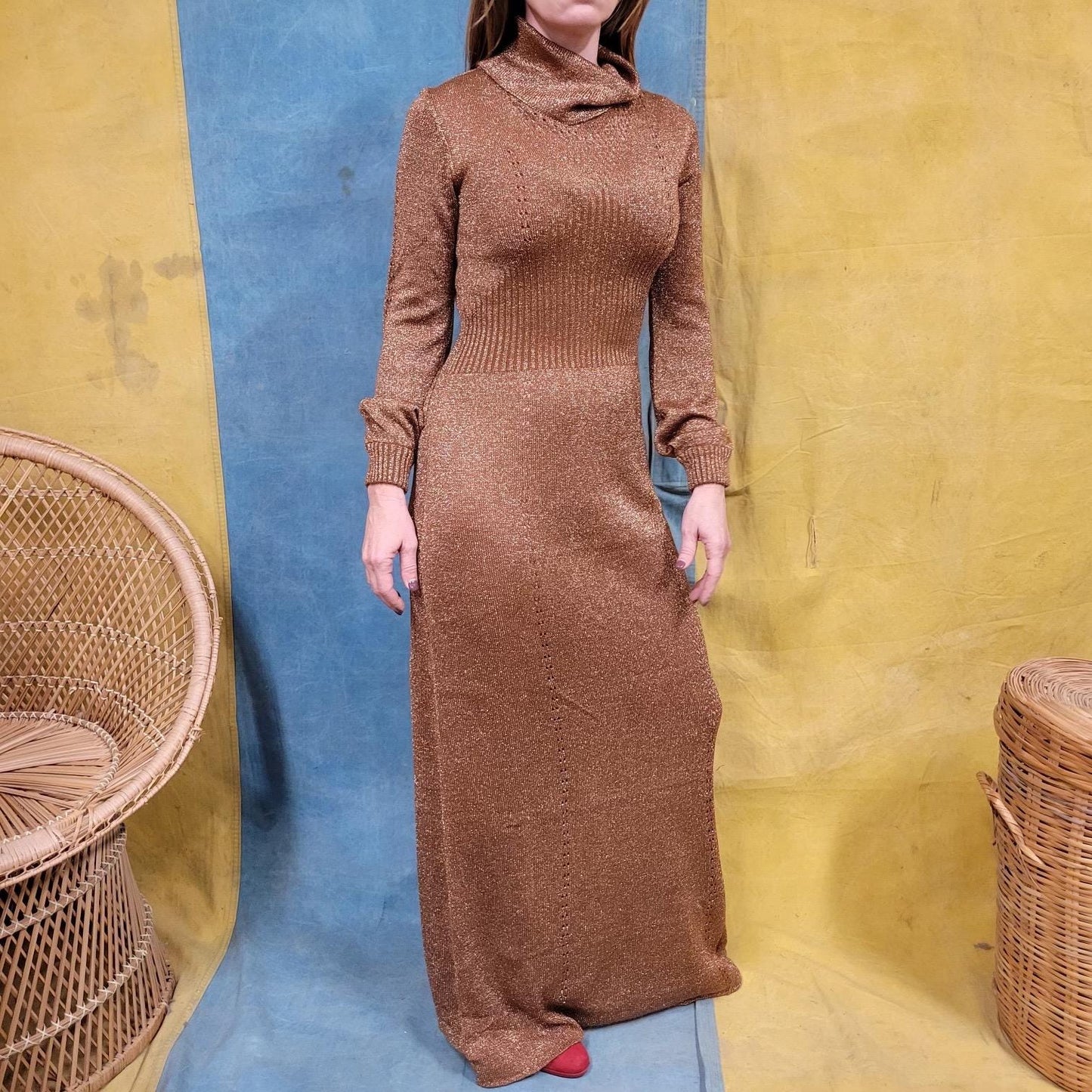 vtg 70s GOLD LUREX DRESS // vintage womens medium metallic knit sparkly glitter cowl neck roncelli style full length autumn cocktail party