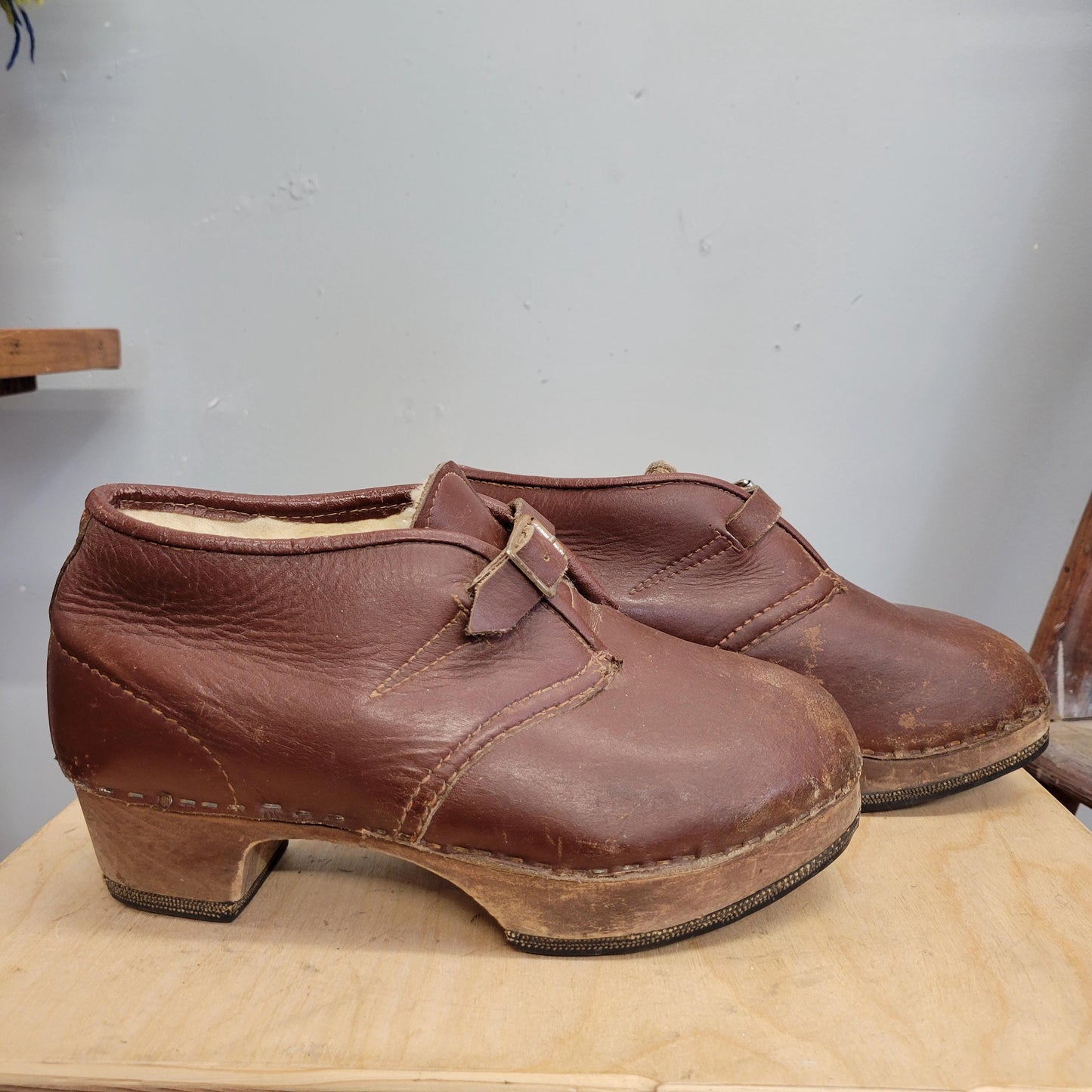 vtg 1940s LEATHER CLOG BOOTS // vintage sherpa lined  8.5 womens brown platform wooden heel chunky buckle boots round toe winter galoshes