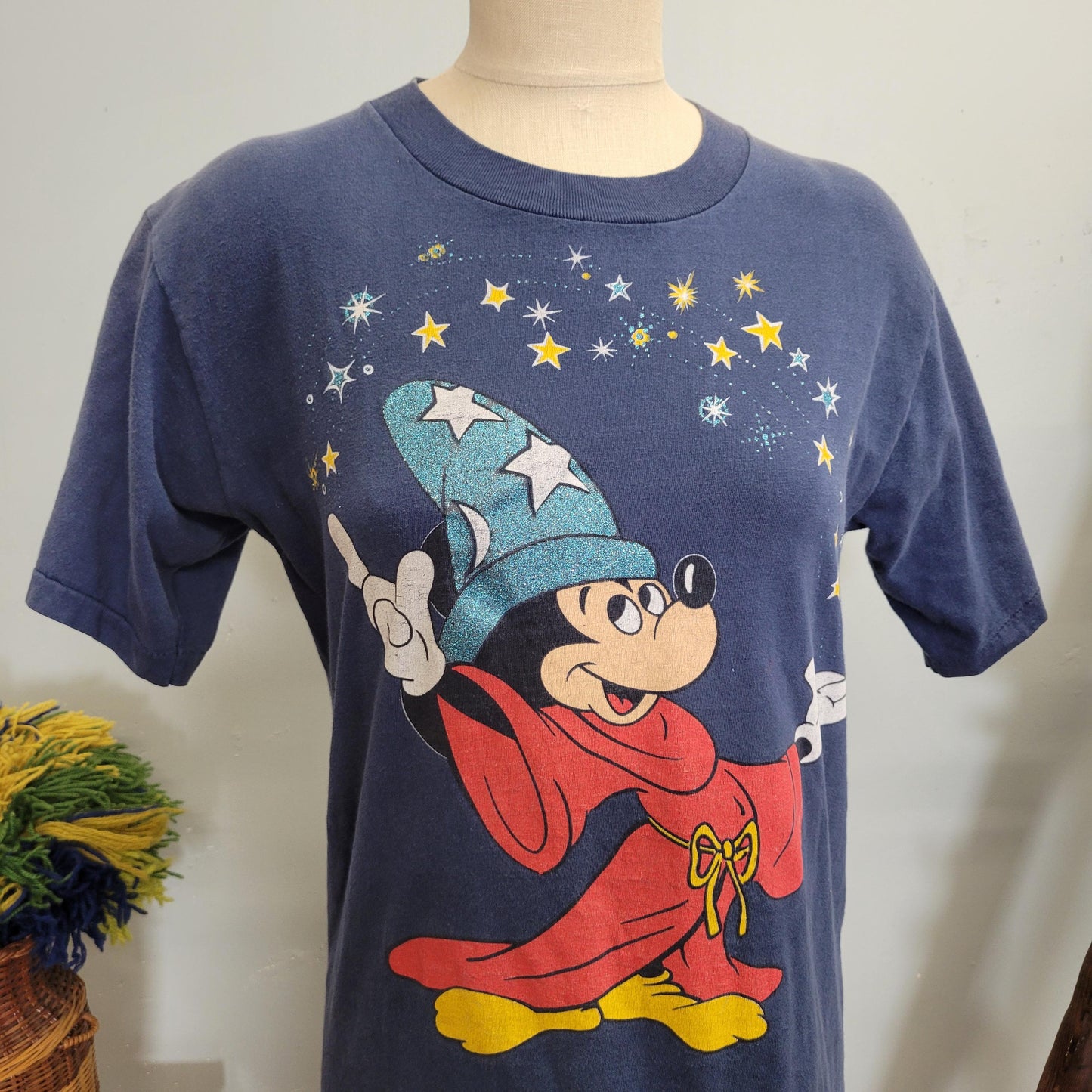 vtg 80s DISNEY FANTASIA SHIRT // vintage mickey mouse disney large unisex wizard magic mickey faded distressed big print stars blue thin tee