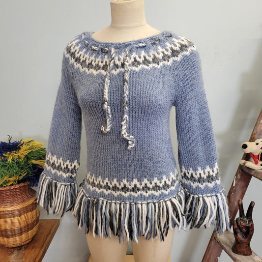 vtg 70s KNIT FRINGE SWEATER // vintage medium womens boho hippie shaggy blue fair isle zig zag hippie bohemian autumn winter cottage style