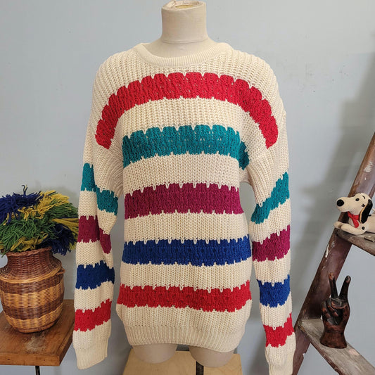 vtg 90s STRIPED KNIT SWEATER / vintage jantzen medium womens knit long sweater multicolor stripes baggy oversized autumn casual winter style