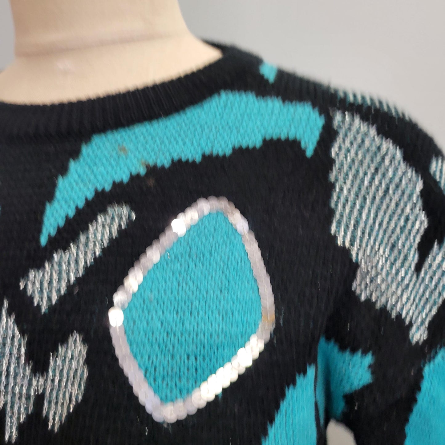 vtg 80s RORSCHACH TEST SWEATER / vintage adell barre medium womens turquoise silver lurex butterfly pattern bright funky two tone autumn top