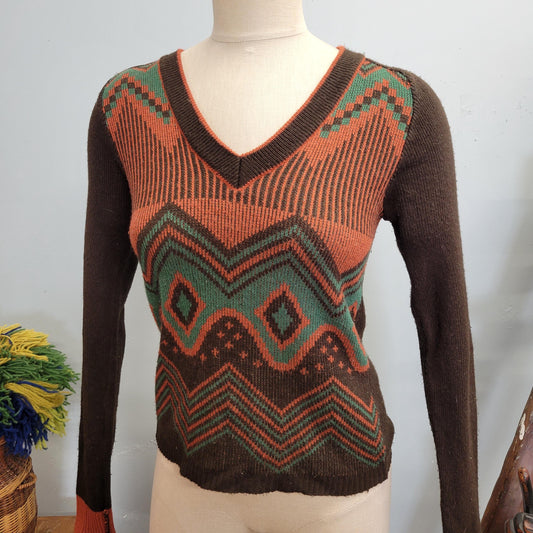 vtg 70s PSYCHEDELIC SWEATER // vintage medium womens v neck abstract geometric retro autumn vibes warth tones multicolor cute fit winter top