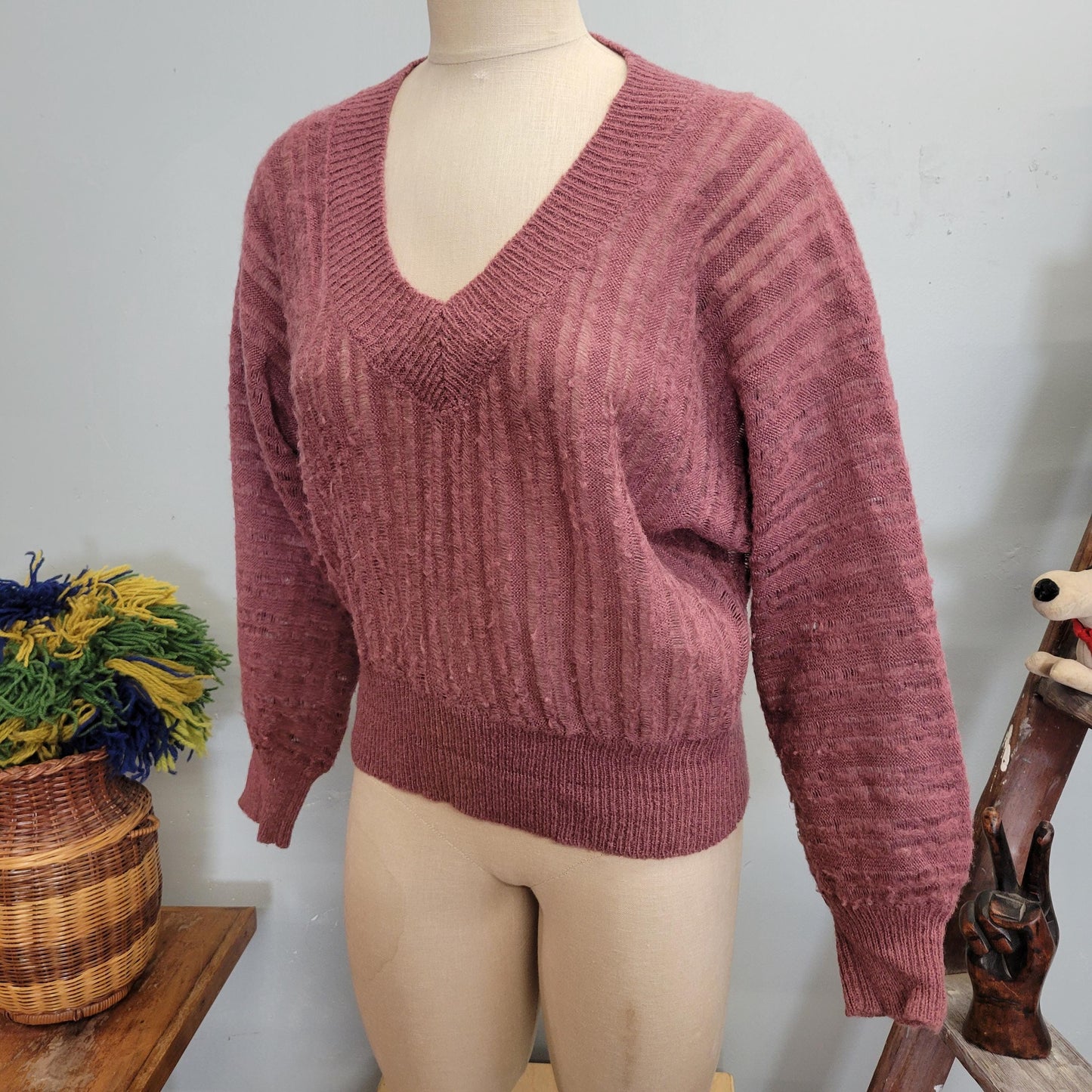 vtg 70s MAUVE KNIT SWEATER // vintage sweater teas medium womens v neck ribbed shaggy lightweight earth tones casual autumn winter style top
