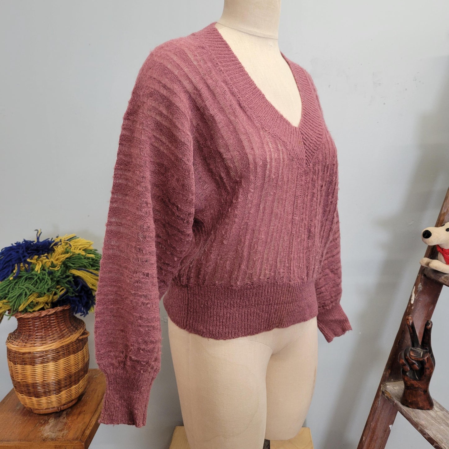 vtg 70s MAUVE KNIT SWEATER // vintage sweater teas medium womens v neck ribbed shaggy lightweight earth tones casual autumn winter style top