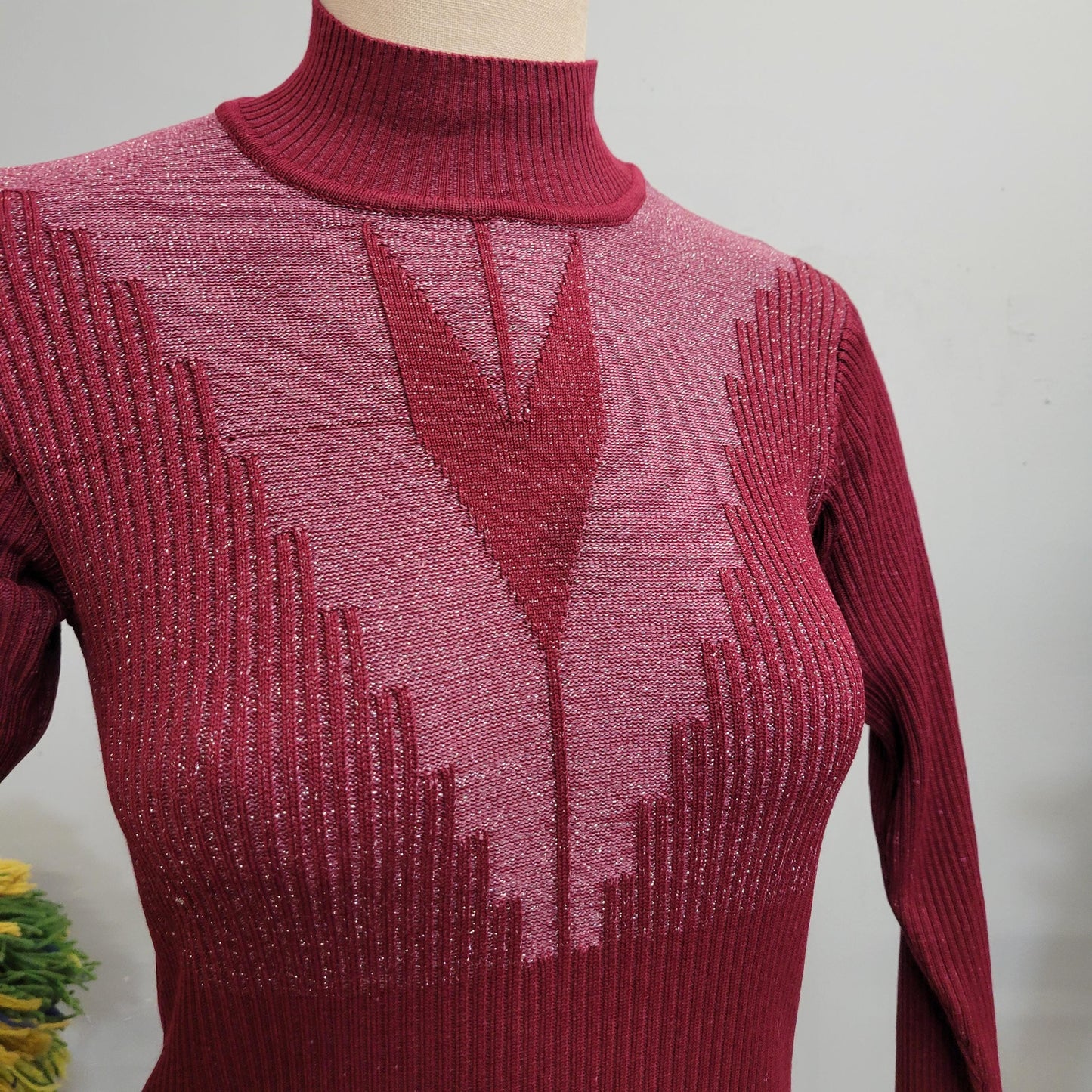 vtg 70s BURGUNDY LUREX SWEATER // vintage small womens mock neck space age metallic knit retro sparkly glitter v neck psychedelic art deco