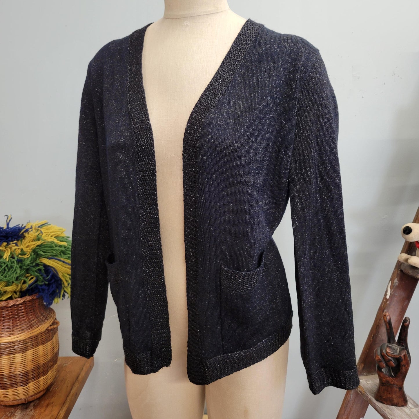 vtg 70s BLACK LUREX CARDIGAN / vintage glitter sweater joyce medium womens sparkly fastive autumn sleek retro disco metallic knit xmas party