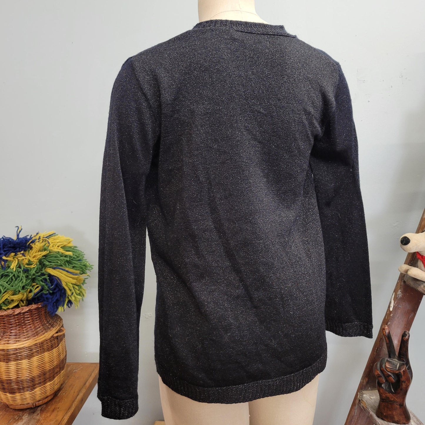 vtg 70s BLACK LUREX CARDIGAN / vintage glitter sweater joyce medium womens sparkly fastive autumn sleek retro disco metallic knit xmas party