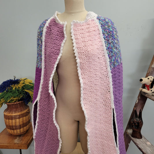 vtg 70s KNIT PONCHO // vintage hand knit crochet cape pastel patchwork multicolor retro long sweater cape handmade cute office blanket cover