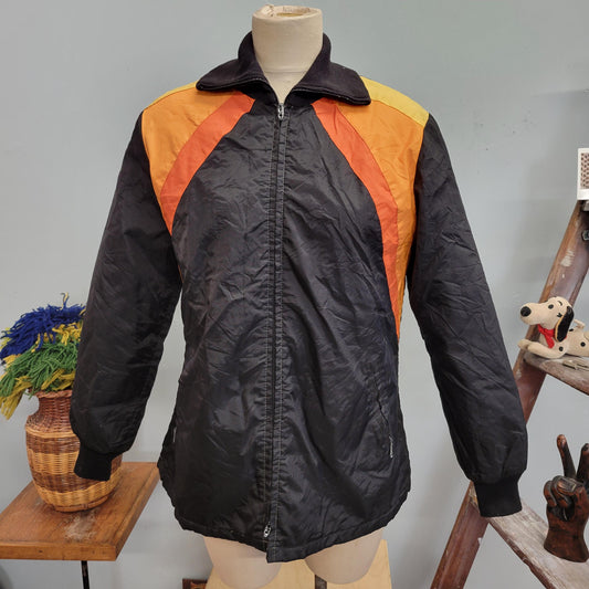 vtg 70s COLORWAY SKI-DOO Jacket // vintage bombardier sunset medium black orange light puffer snow mobile winter waterproof cute retro fall