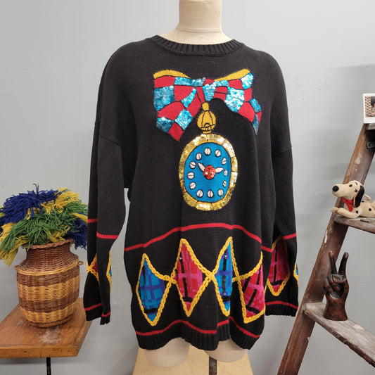 vtg 80s SEQUINED HOLIDAY SWEATER // vintage claus sport womens oversized large christmas new years eve clock wild long sweater dress pop art