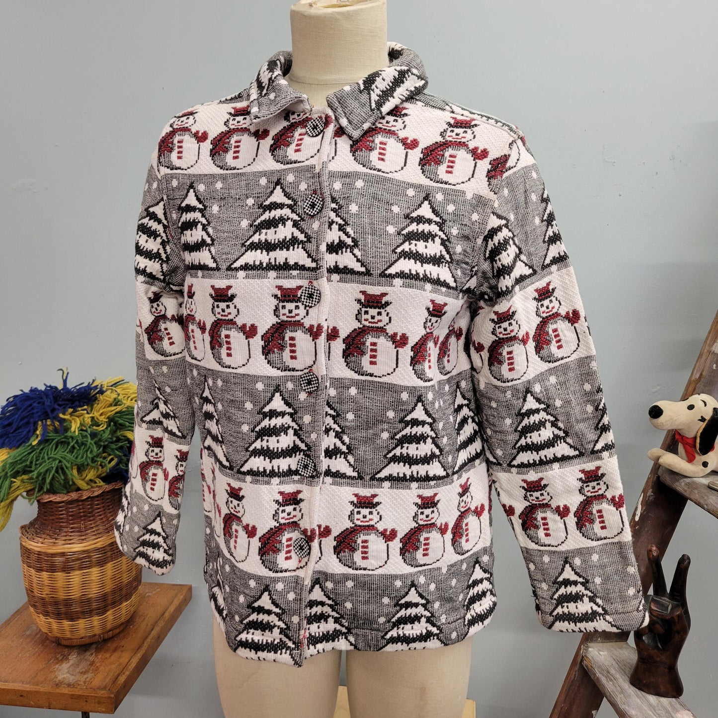 vtg 70s SNOWMAN TAPESTRY JACKET // vintage breckenridge petite medium womens all over print knit winter blanket jacket xmas party sweater