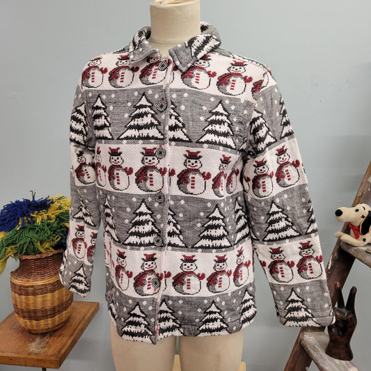 vtg 70s SNOWMAN TAPESTRY JACKET // vintage breckenridge petite medium womens all over print knit winter blanket jacket xmas party sweater