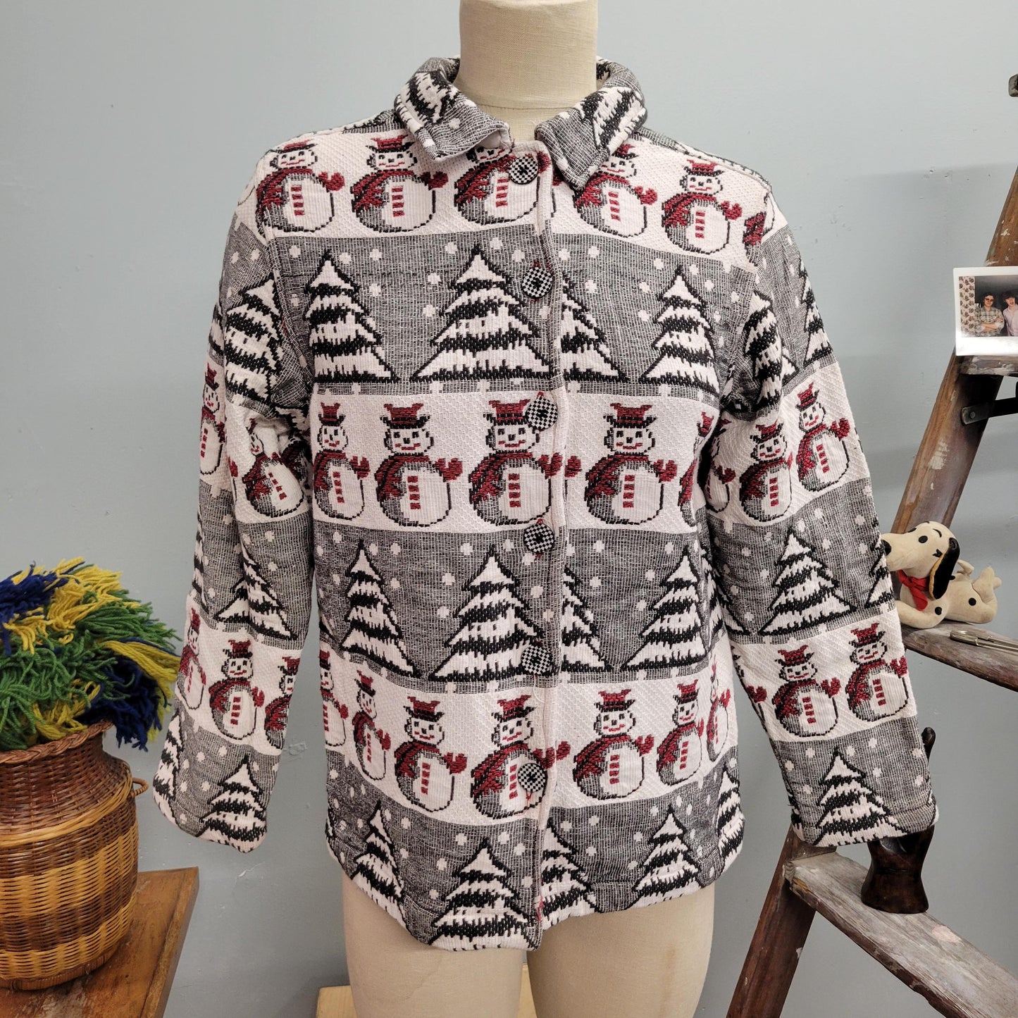 vtg 70s SNOWMAN TAPESTRY JACKET // vintage breckenridge petite medium womens all over print knit winter blanket jacket xmas party sweater