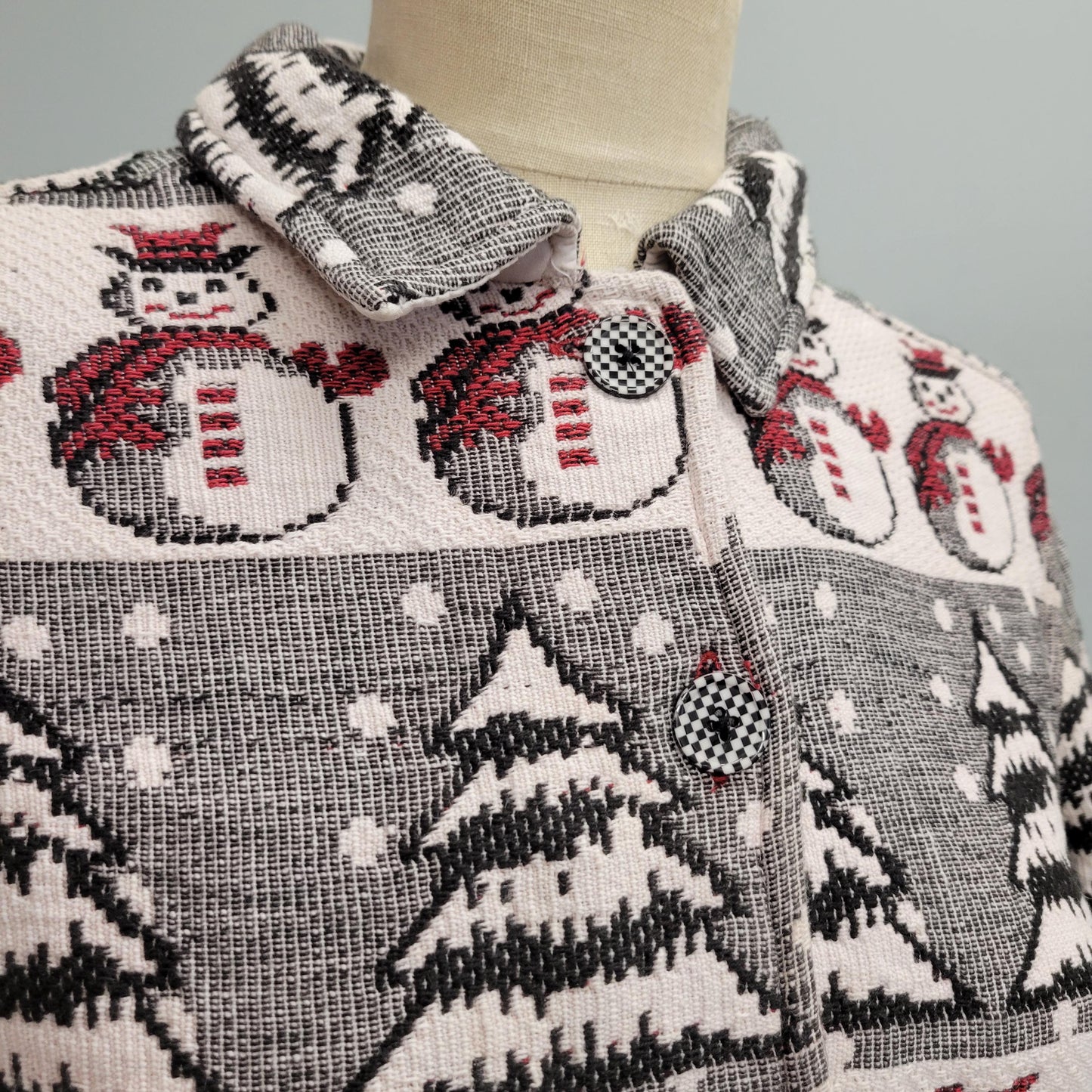 vtg 70s SNOWMAN TAPESTRY JACKET // vintage breckenridge petite medium womens all over print knit winter blanket jacket xmas party sweater