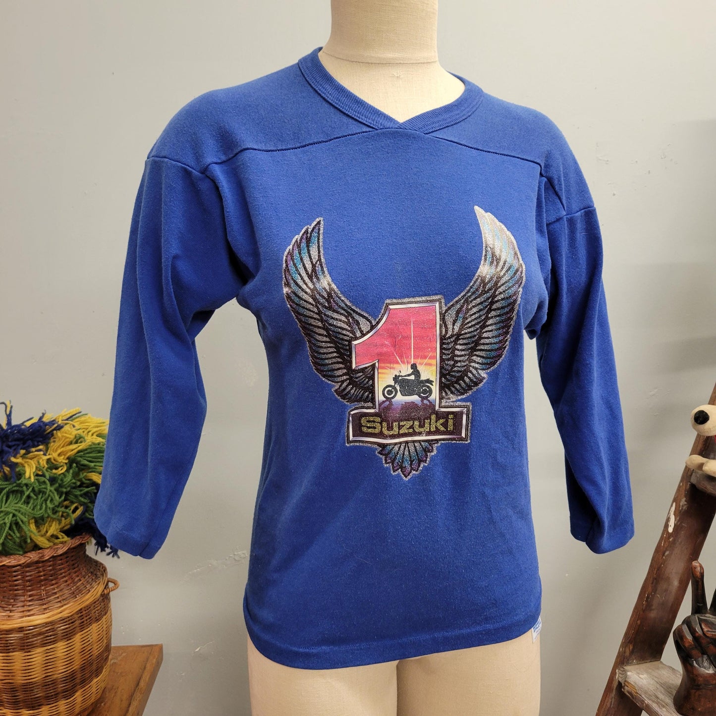 vtg 70s SUZUKI BIKER SWEATSHIRT // vintage Russell small personalized Chris glitter iron on retro racing shirt cute fitted crop sweatshirt