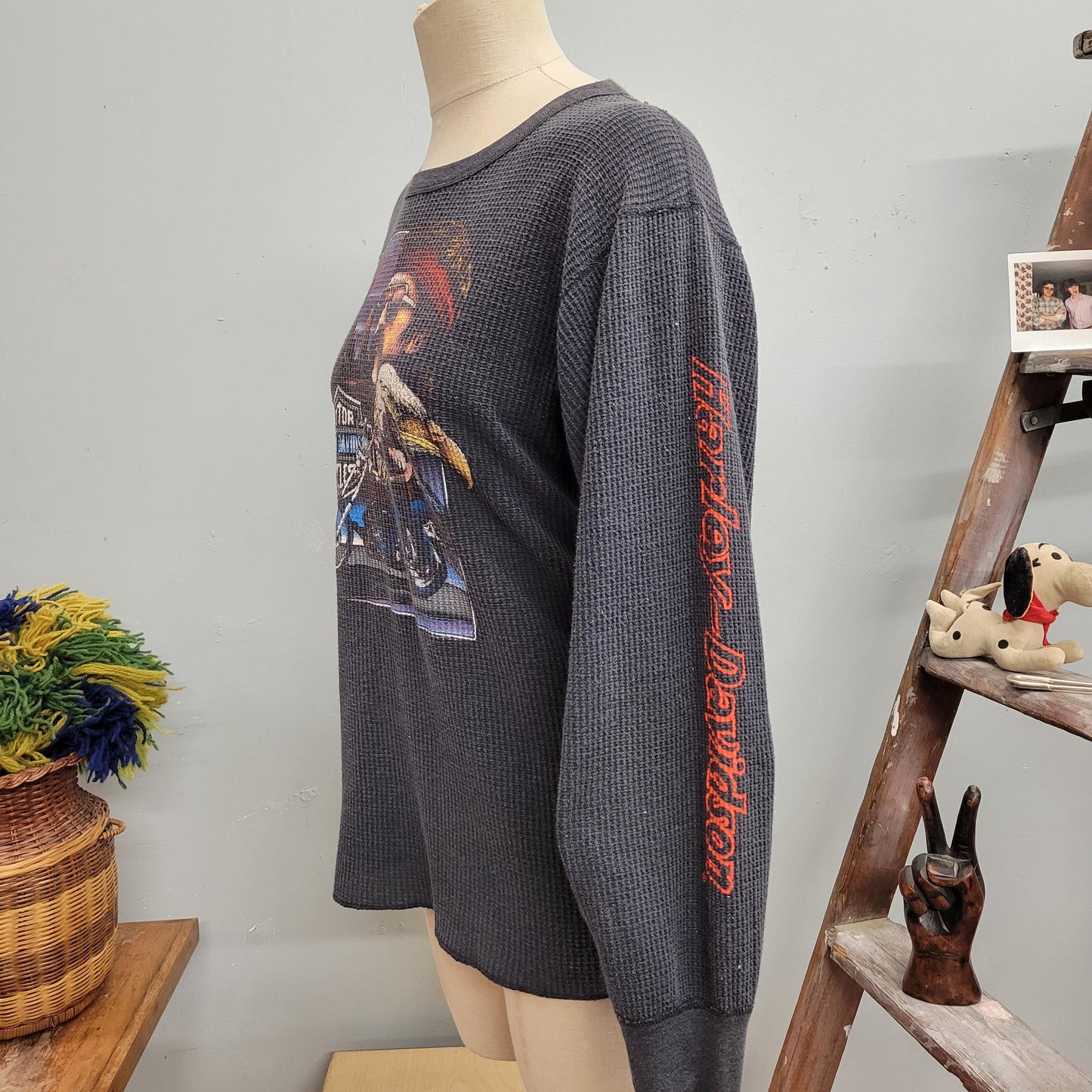 vtg 80s HARLEY DAVIDSON THERMAL top // vintage mens fashion thermal xl waffle weave 3d emblem biker soft winter eagle motorcycle graphic