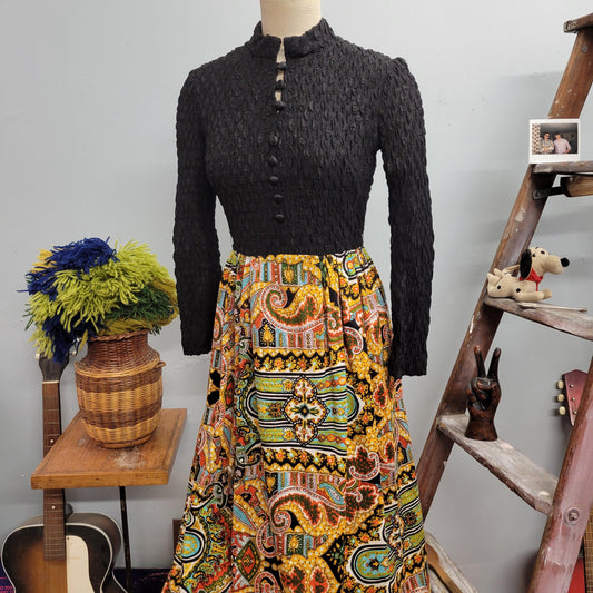 vtg 70s PSYCHEDELIC VELVET DRESS // vintage size 10 medium popcorn knit crinkly top abstract patterned velvet maxi skirt retro autumn style