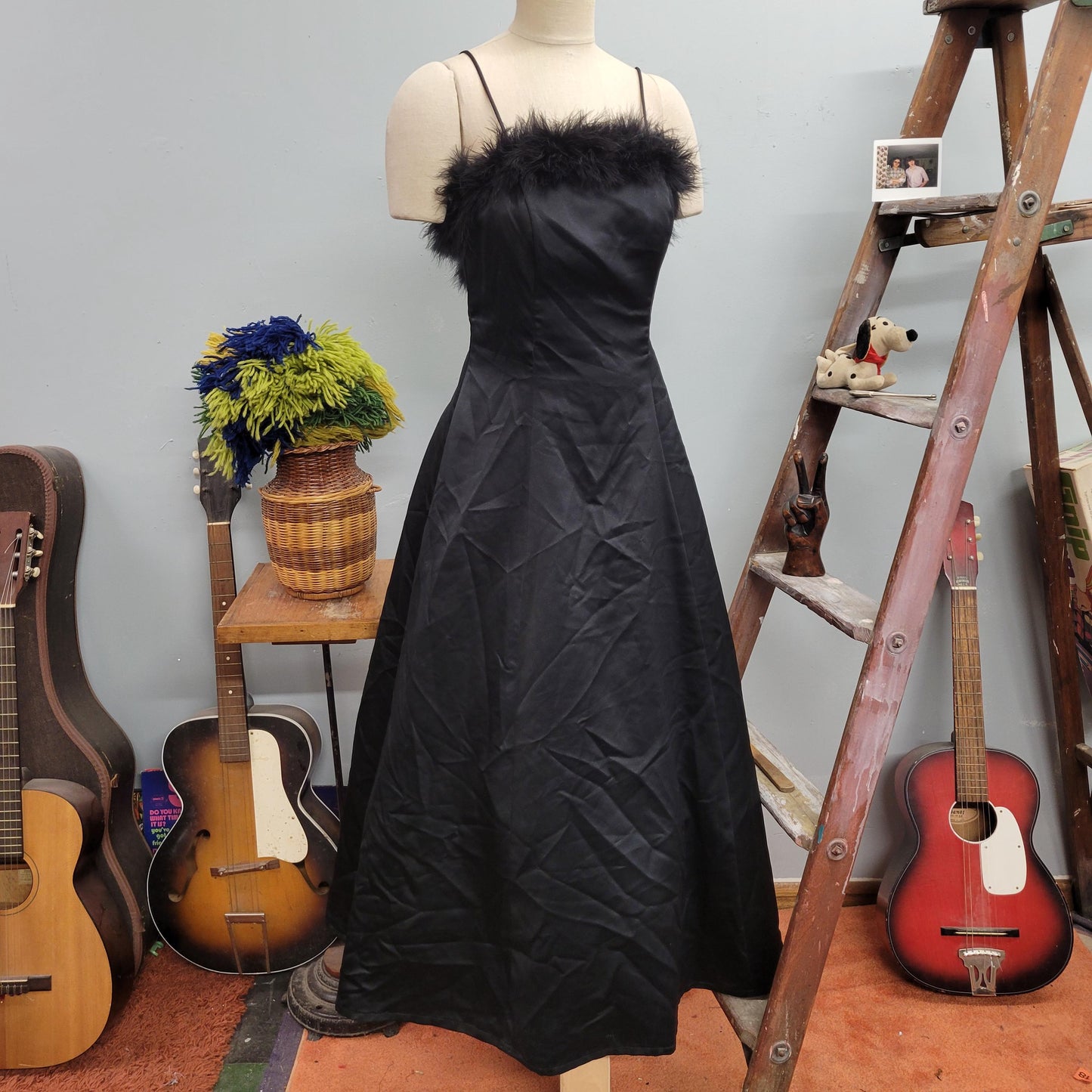 vtg 90s FEATHER TRIM BLACK Gown // vintage steppin out dress size 11/12 gothic inly black boa lined full length new years cocktail party hot