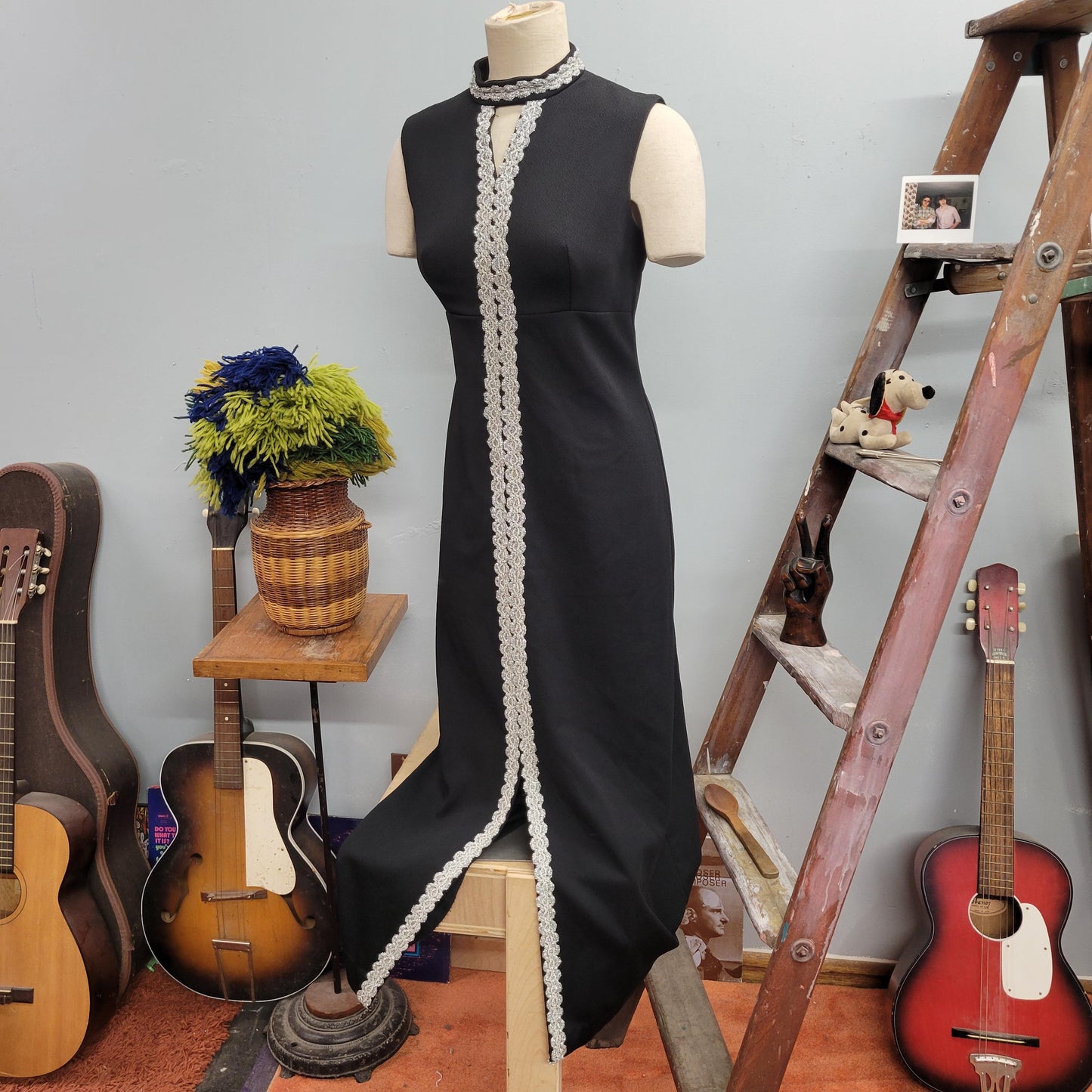 vtg 70s TINSEL TRIM DRESS // vintage new years holiday gown keyhole mock neck long black cocktail party hostess evening gown silver lurex