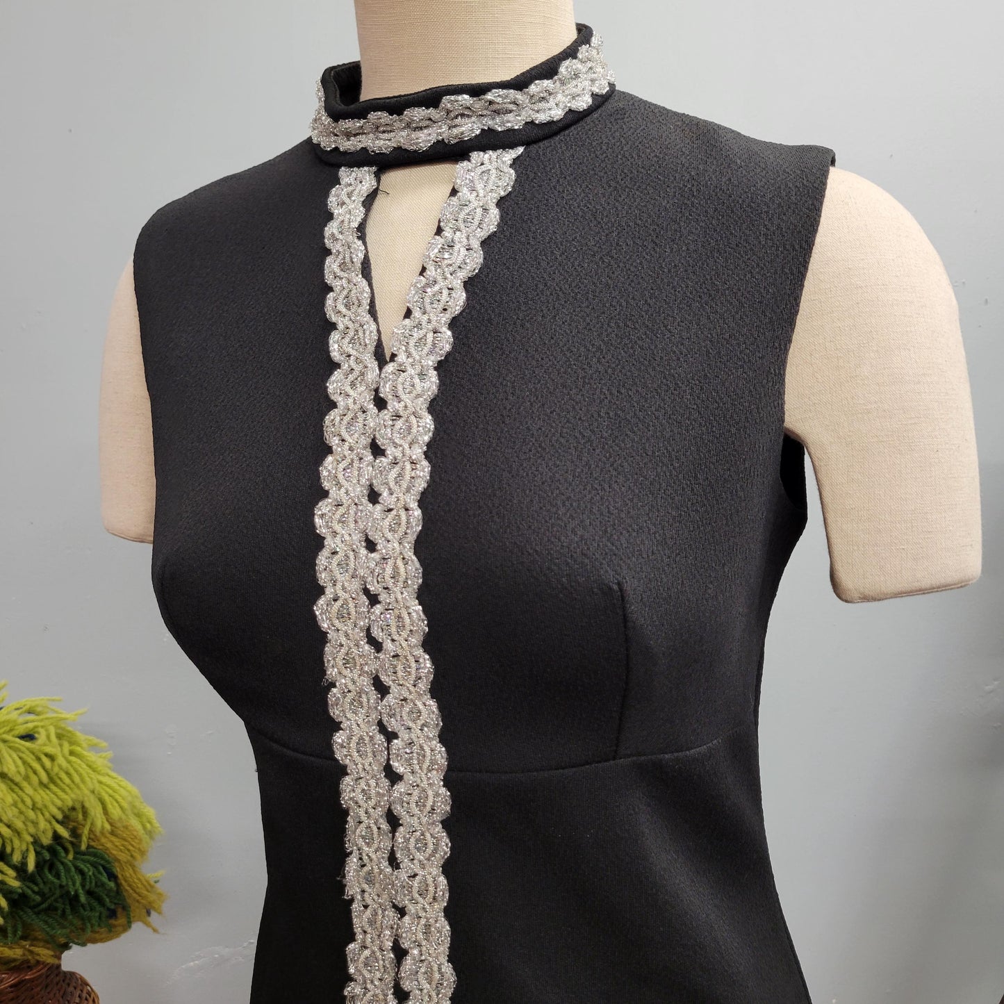 vtg 70s TINSEL TRIM DRESS // vintage new years holiday gown keyhole mock neck long black cocktail party hostess evening gown silver lurex