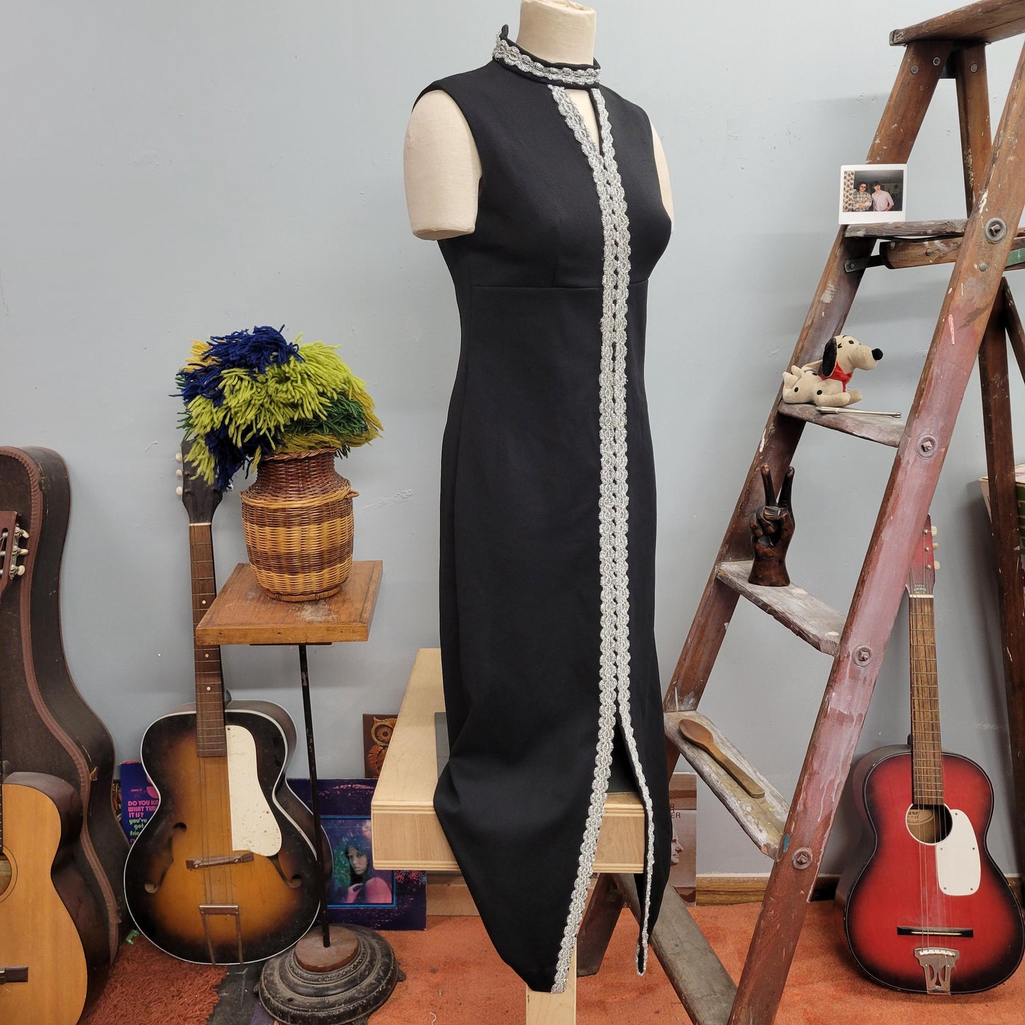 vtg 70s TINSEL TRIM DRESS // vintage new years holiday gown keyhole mock neck long black cocktail party hostess evening gown silver lurex