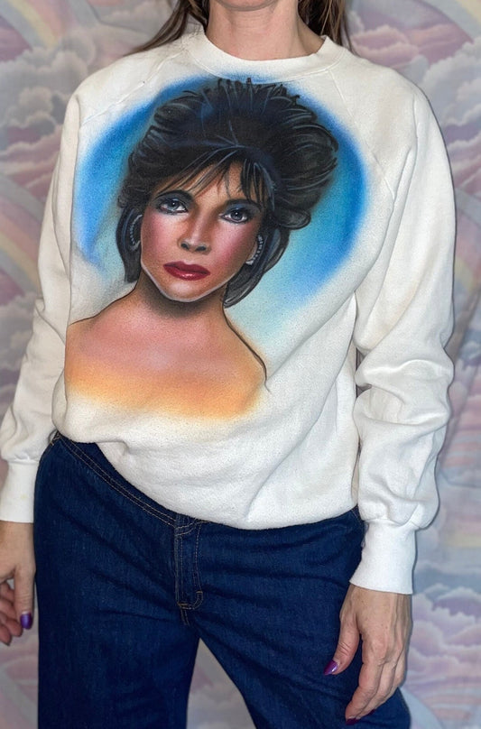 vtg 80s LIZ TAYLOR Sweatshirt // vintage liz taylor hand drawn airbrushed portrait dynasty diva pop art movie promo handmade white diamonds