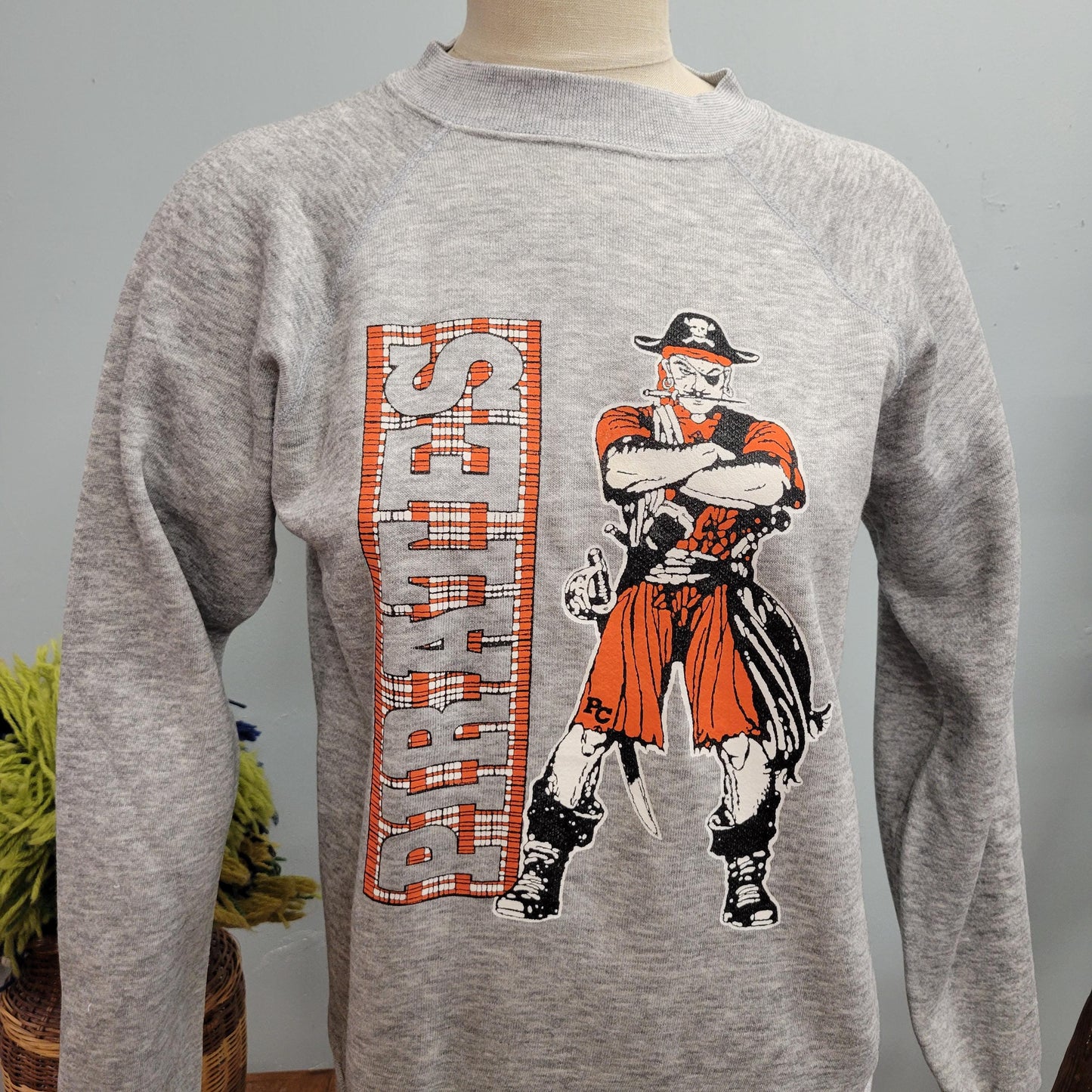 vtg 70s PIRATE SWEATSHIRT  // vintage pannill medium mens buccaneer sports gray crewneck fain personalized custom sporty autumn football