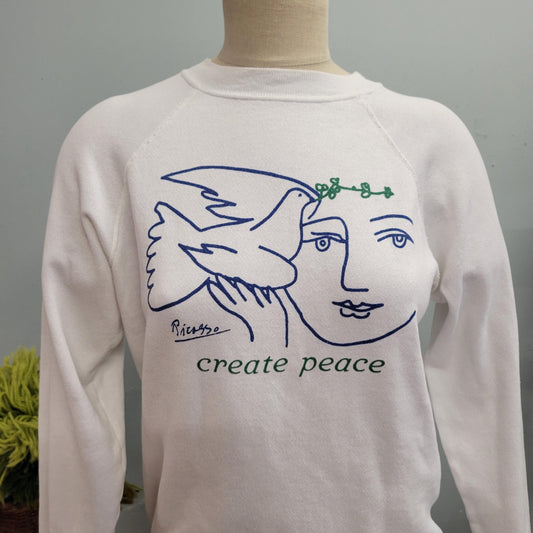 vtg 80s PICASSO PEACE SWEATSHIRT // vintage hanes crewneck medium unisex create peace crew neck white winter olive branch dove love xmas