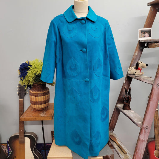 vtg 70s BLUE SUEDE COAT / vintage womens large jacket cardinale madrid raindrop hand tooled leather cut out patchwork bright funky statement