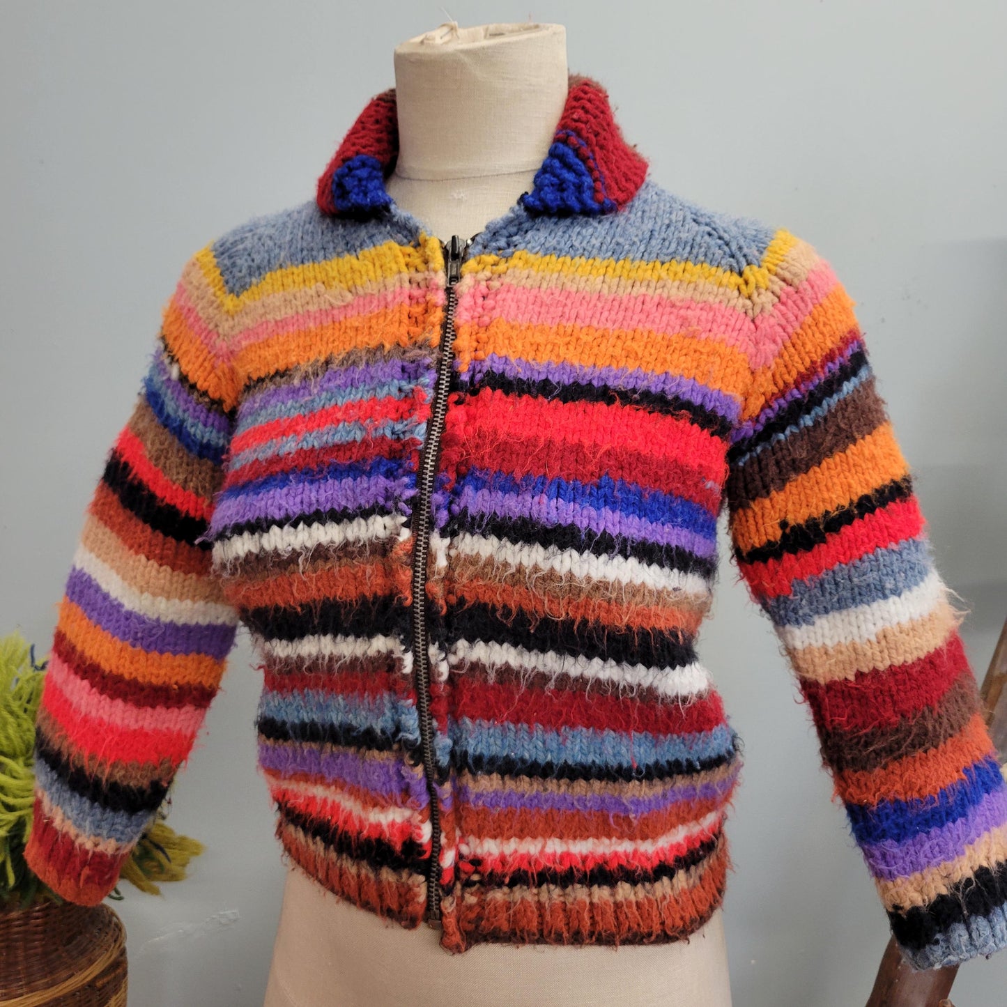 vtg 70s KNIT STRIPED SWEATER // vintage extra small adult handmade youth large sweater jacket bright cropped rainbow collared cowichan top