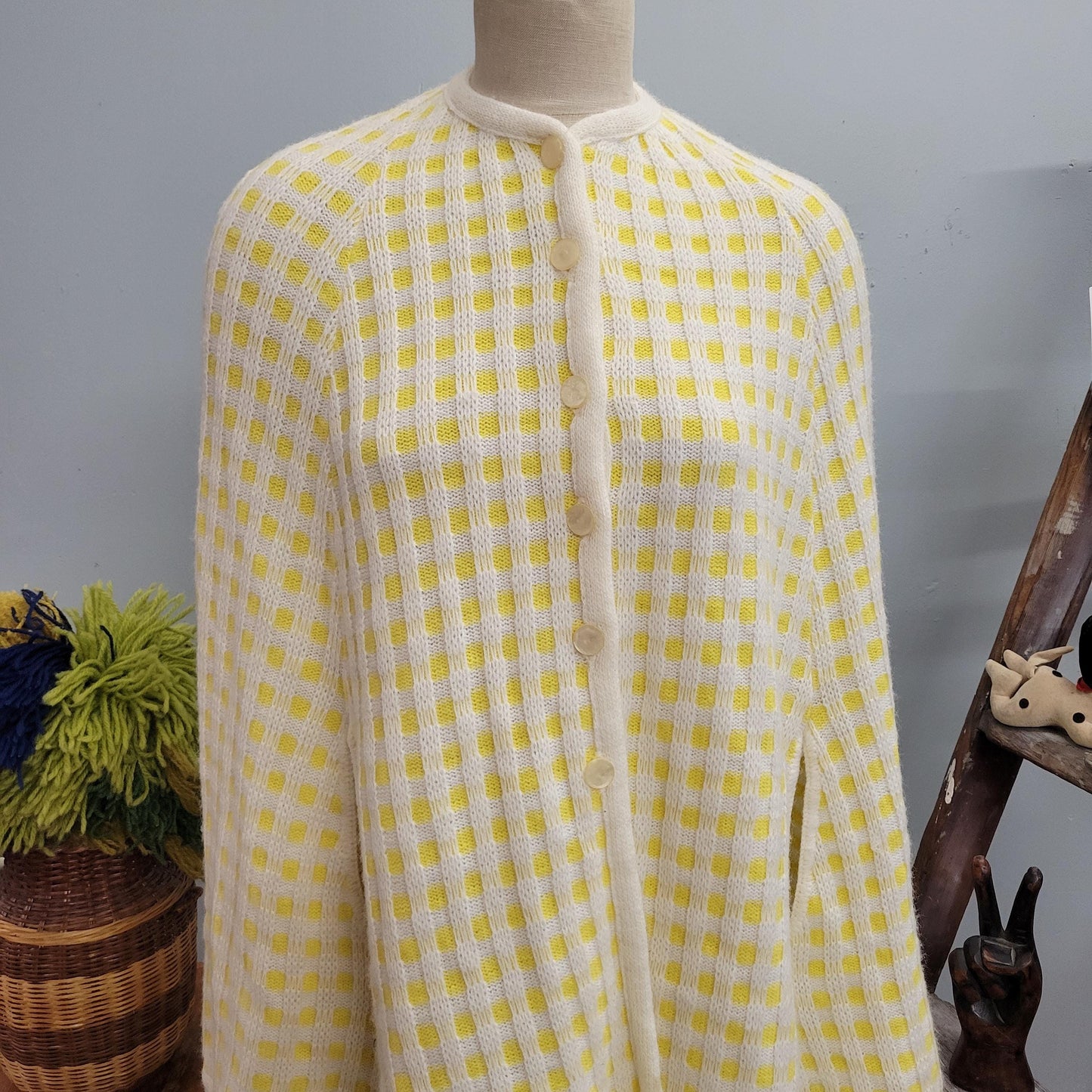 vtg 70s PLAID FRINGE PONCHO // vintage americana knitting mills yellow plaid button up wearable blanket pastel fairy 60s mod fringe cape