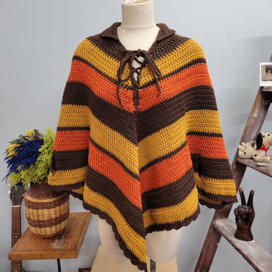 vtg 70s STRIPED CROCHET PONCHO // vintage crochet sweater autumn vibes retro color way orange brown hand knit hippie cape boho winter style