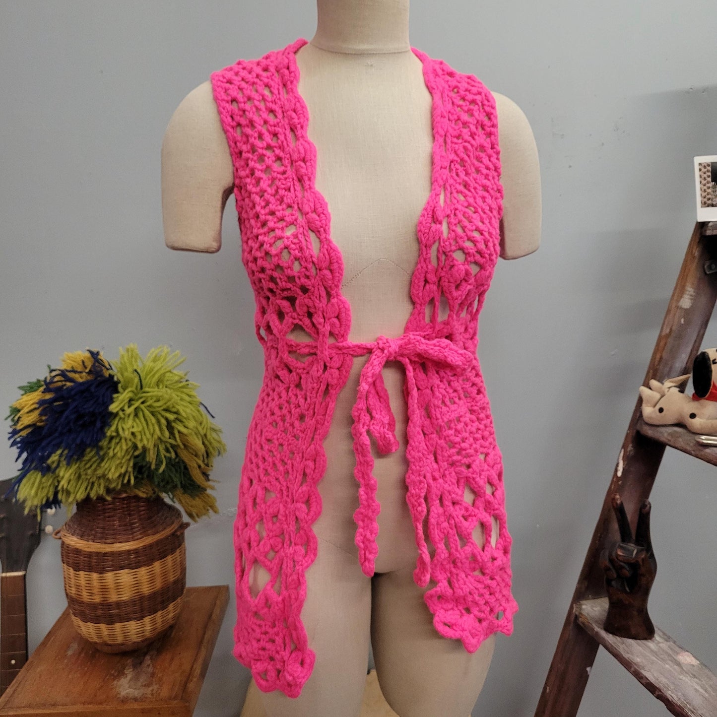 vtg 70s PINK CROCHET VEST // vintage hot pink neon cover up waistcoat long vest autumn winter layering sweater vest barbie style mod retro