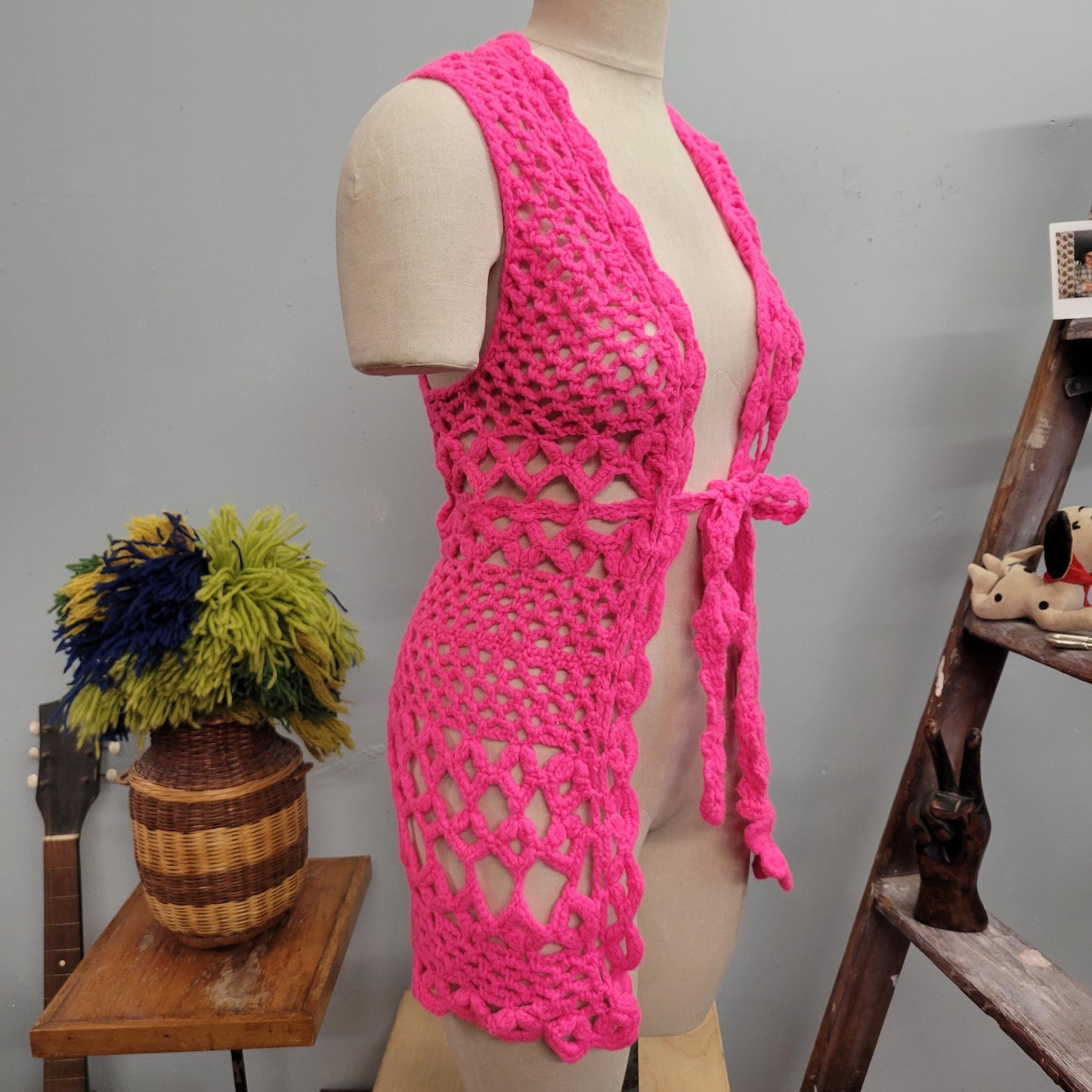 vtg 70s PINK CROCHET VEST // vintage hot pink neon cover up waistcoat long vest autumn winter layering sweater vest barbie style mod retro