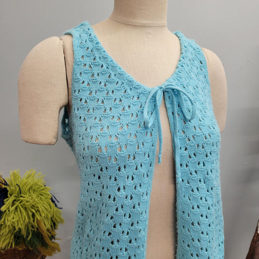 Vtg 70s BLUE KNIT VEST // vintage pandora cute tie top autumn layers crochet afghan blanket jacket pastel dreamy waistcoat 70s mod retro top