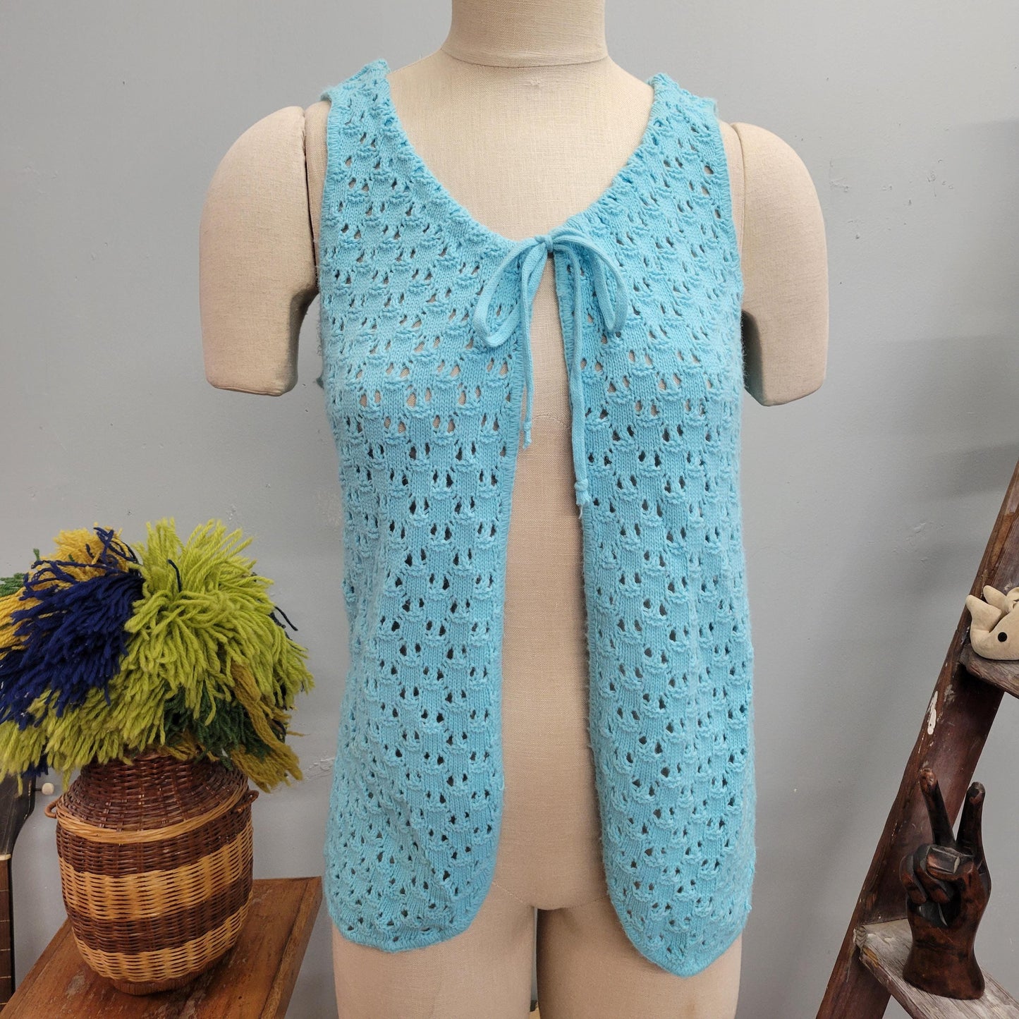 Vtg 70s BLUE KNIT VEST // vintage pandora cute tie top autumn layers crochet afghan blanket jacket pastel dreamy waistcoat 70s mod retro top