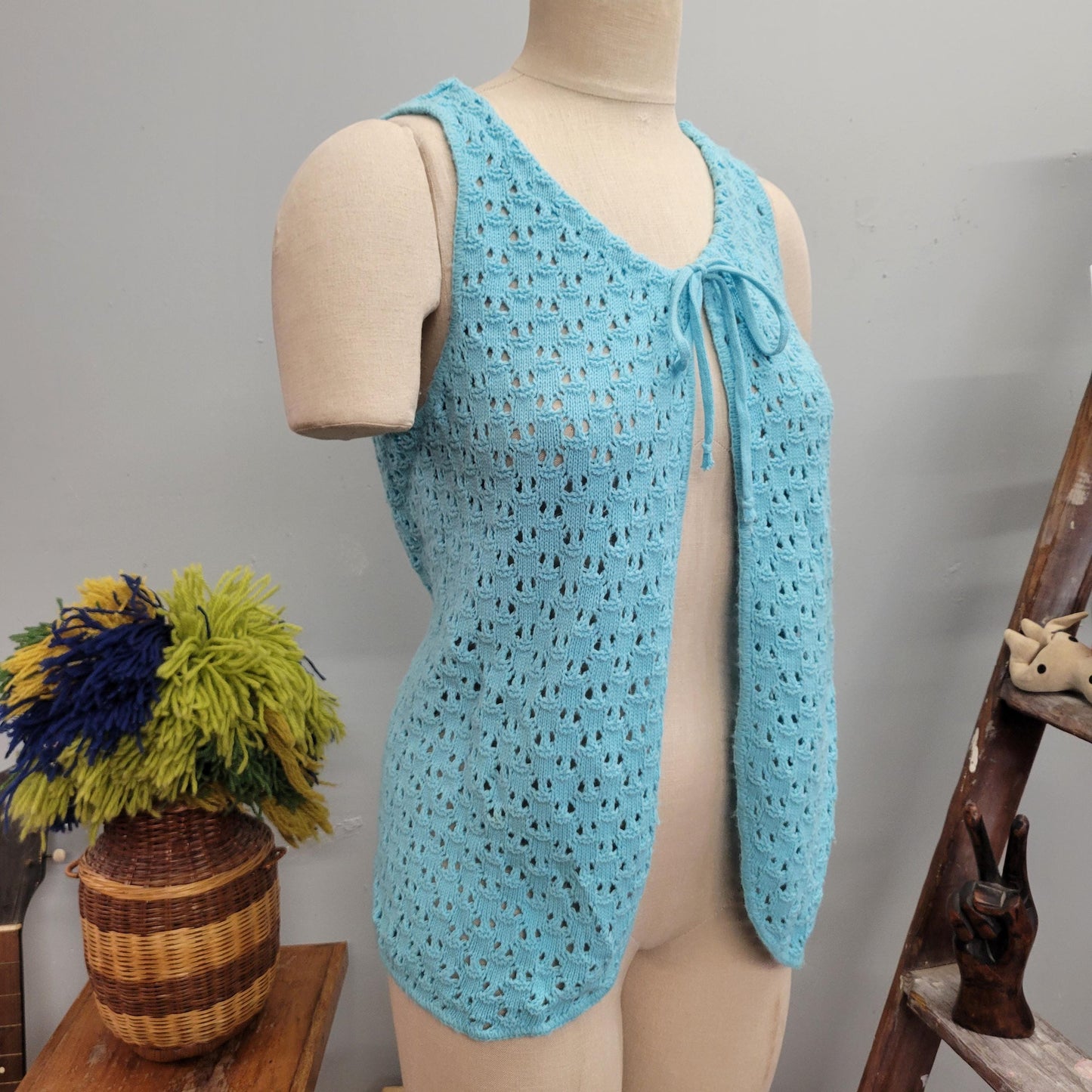 Vtg 70s BLUE KNIT VEST // vintage pandora cute tie top autumn layers crochet afghan blanket jacket pastel dreamy waistcoat 70s mod retro top