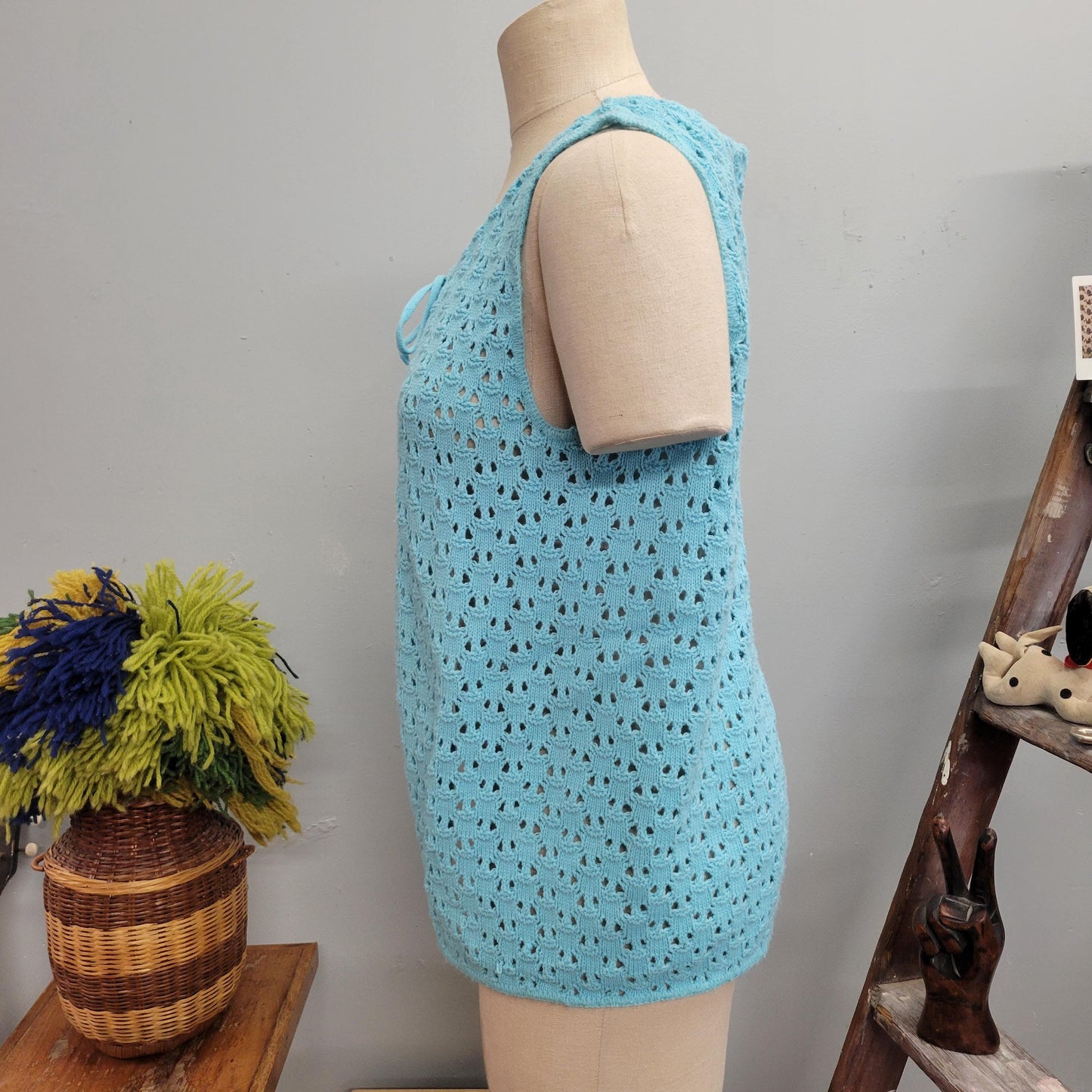 Vtg 70s BLUE KNIT VEST // vintage pandora cute tie top autumn layers crochet afghan blanket jacket pastel dreamy waistcoat 70s mod retro top