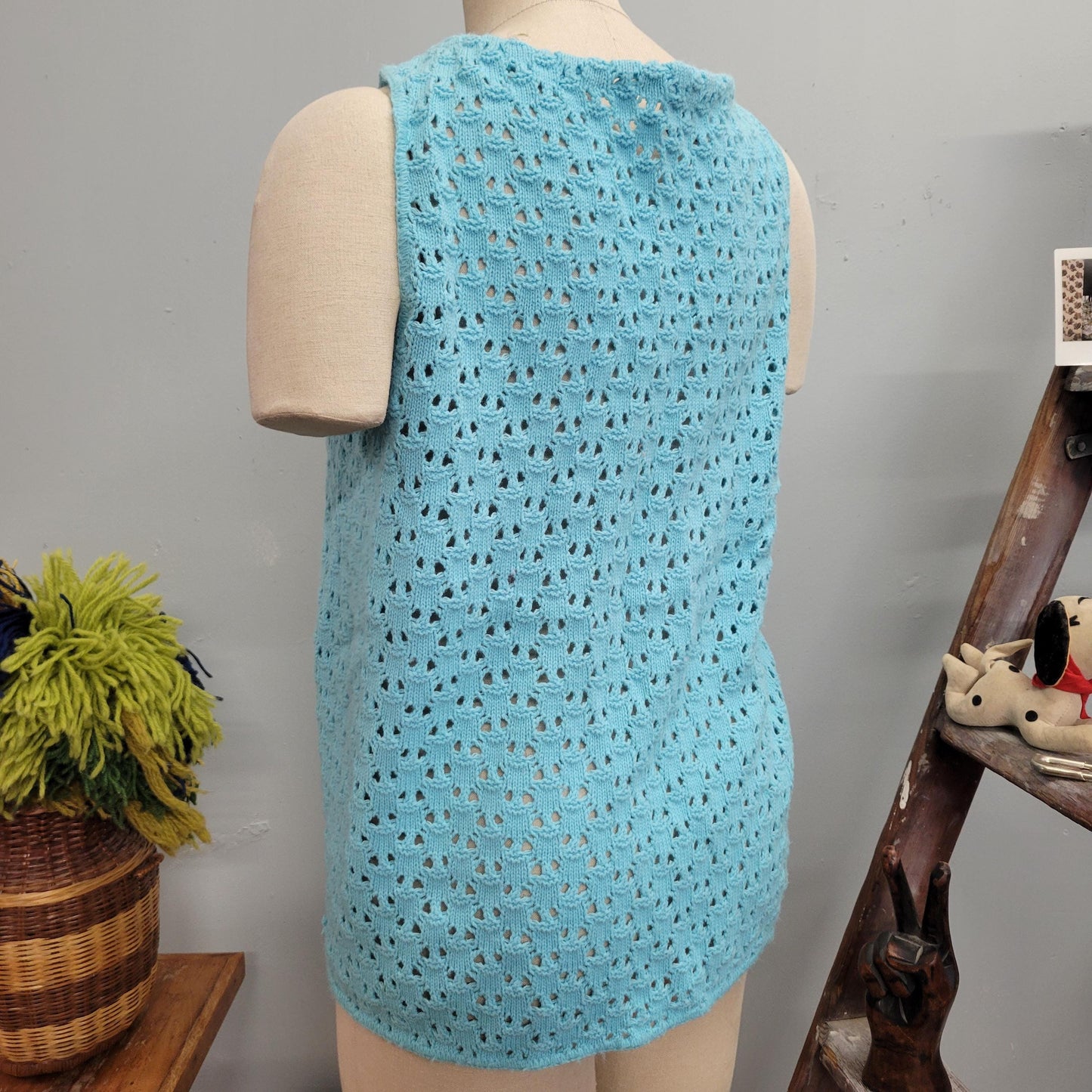 Vtg 70s BLUE KNIT VEST // vintage pandora cute tie top autumn layers crochet afghan blanket jacket pastel dreamy waistcoat 70s mod retro top