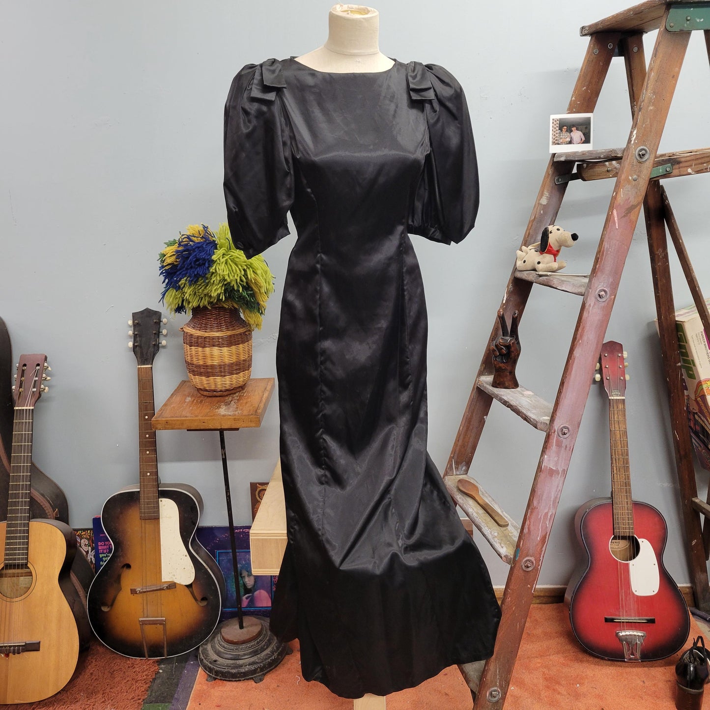 vtg 80s SATIN PUFF SLEEVE dress // vintage inky black gown gothic prom style retro silky full length fit n flare party evening dress fancy