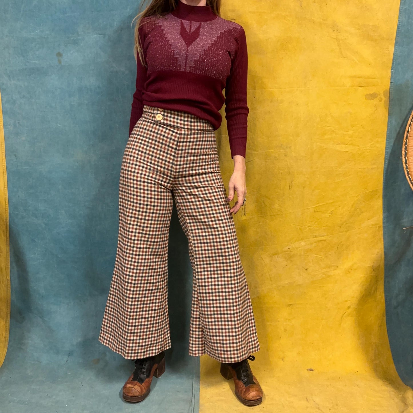 vtg 70s PLAID BELL BOTTOMS // vintage 26 women’s super high waisted flare pants retro hippie mod style autumn preppy winter fashion wide leg