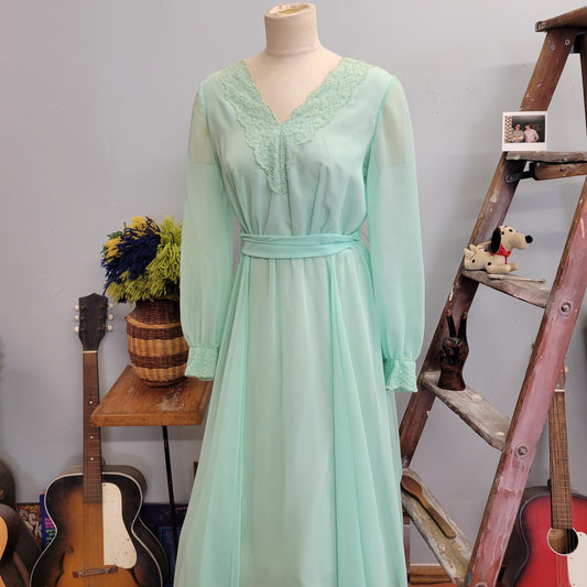 vtg 70s EMMA DOMB GOWN // vintage pastel green chiffon ethereal flowy maxi gown belted embroidered sheer angelic romantic full length dress