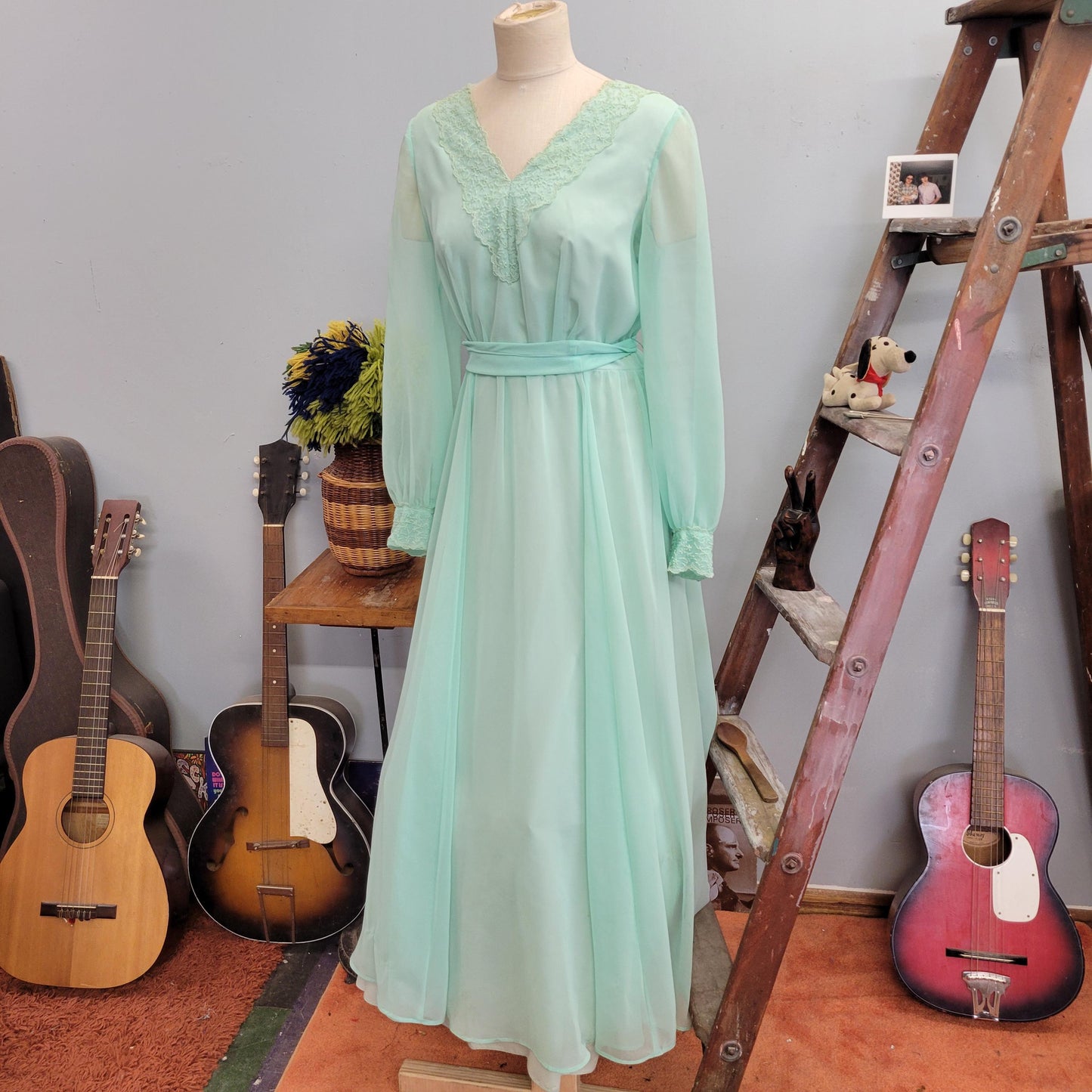 vtg 70s EMMA DOMB GOWN // vintage pastel green chiffon ethereal flowy maxi gown belted embroidered sheer angelic romantic full length dress