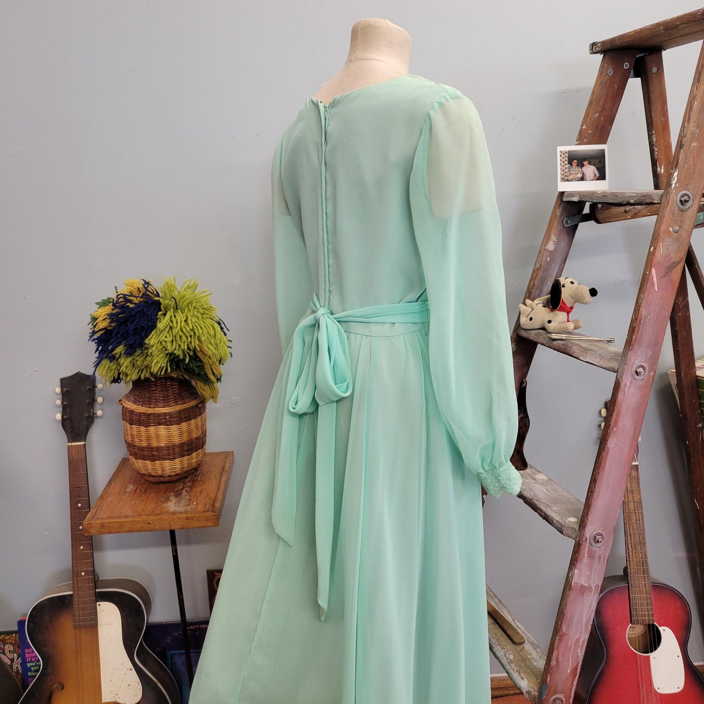 vtg 70s EMMA DOMB GOWN // vintage pastel green chiffon ethereal flowy maxi gown belted embroidered sheer angelic romantic full length dress