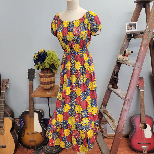 vtg 70s PATCHWORK COTTAGE DRESS // vintage belted womens large scoop neck hippie americana boho folk art puffed sleeve maxi bandana pattern
