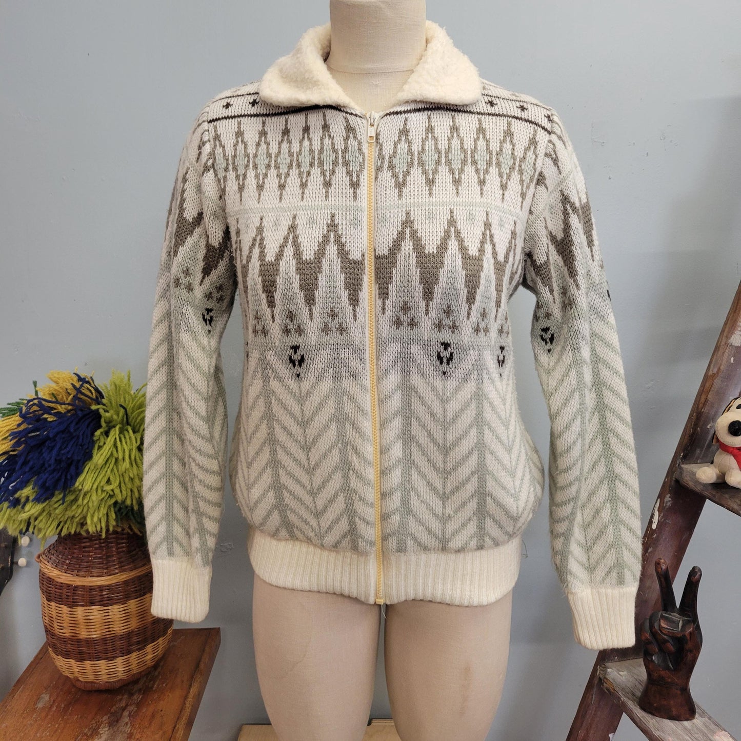 vtg 80s SHERPA WINTER SWEATER // vintage italian mob medium nordic zip up sweater jacket fair isle collared geometric neutral tones winter