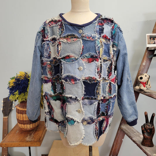 vtg 70s PATCHWORK DENIM JACKET // vintage handmade flannel lined jean jacket folk art funky crafty granny suares afghan blanket tapestry