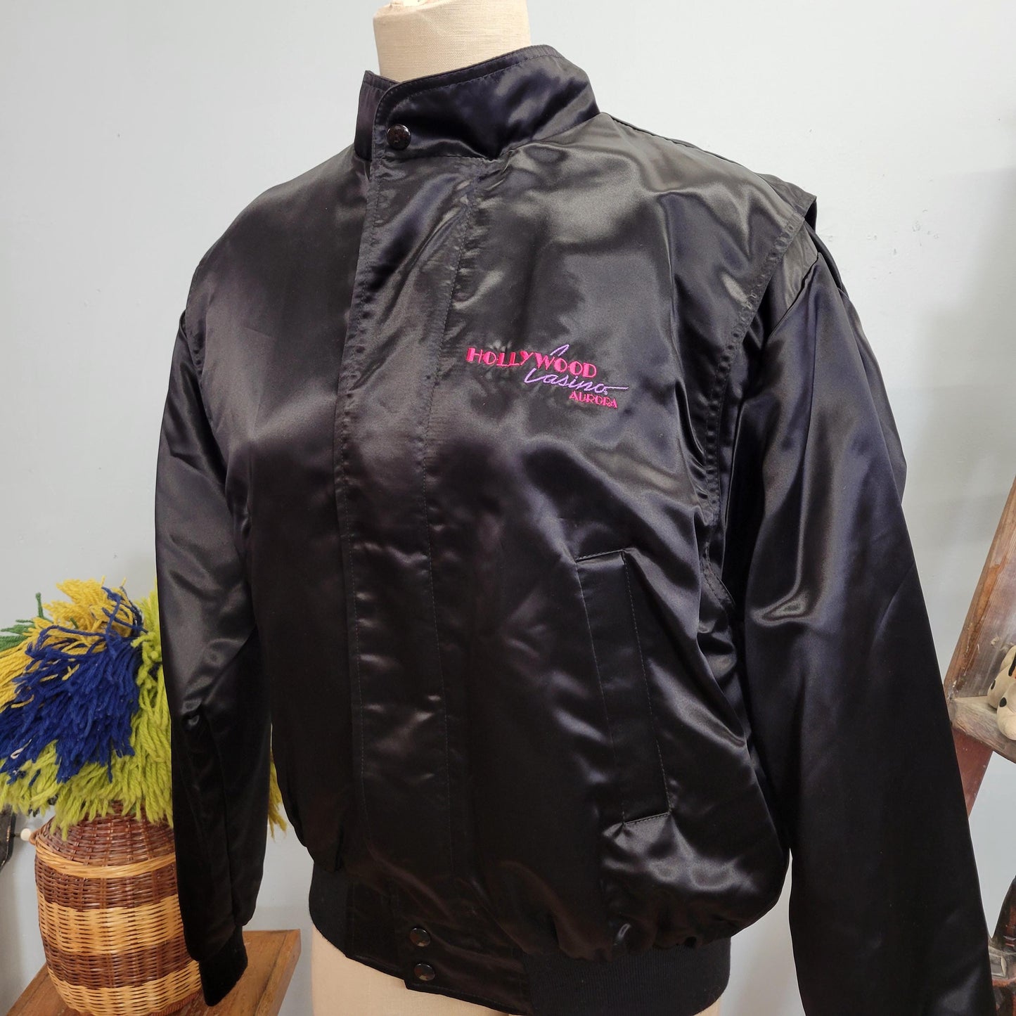 vtg 80s BLACK SATIN JACKET // vintage hollywood casino aurora apparel of las vegas medium womens unisex stained glass abstract embroidered